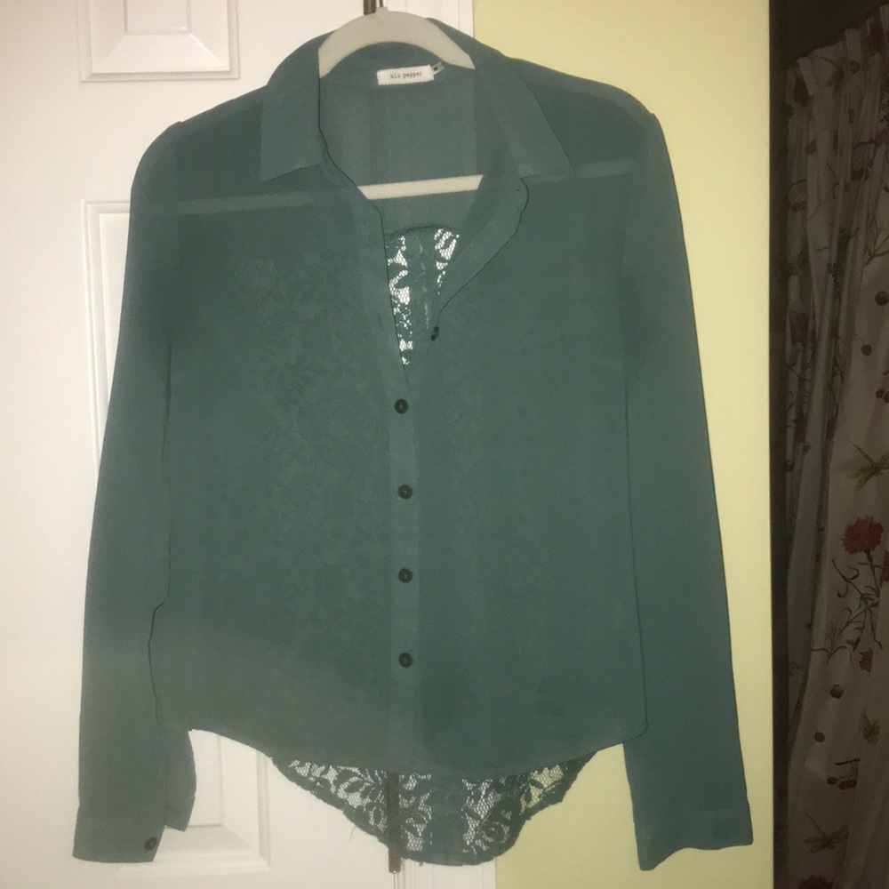 Green button down with cut out detailing on back
